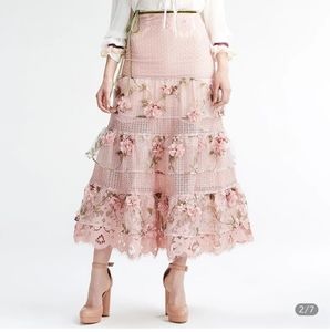 Pink panel floral lace midi skirt green accents L